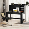 Modern black computer desk with hutch, featuring storage shelves and built-in charging station for organized workspace.