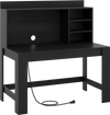 Modern black computer desk with hutch, 3 storage shelves, and built-in charging station for organized workspace.