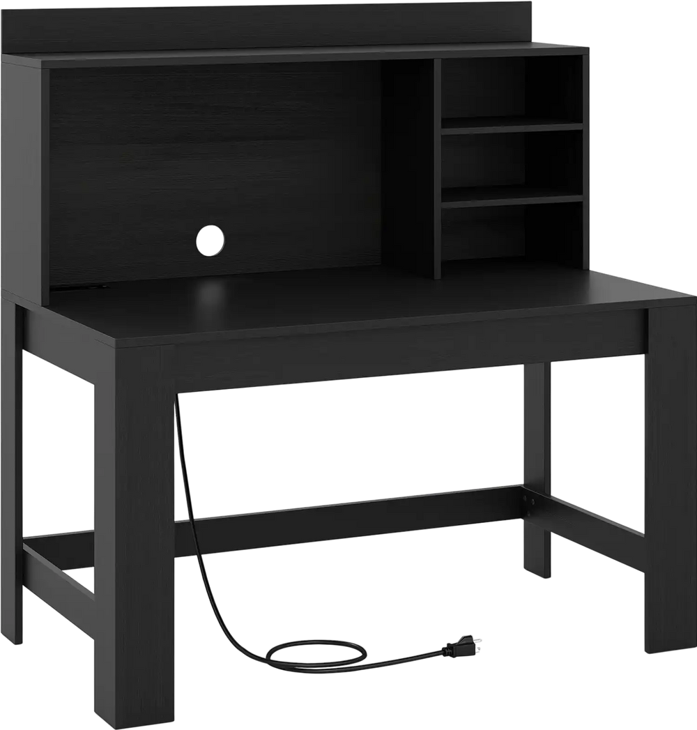 Modern black computer desk with hutch, 3 storage shelves, and built-in charging station for organized workspace.