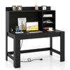 Modern black computer desk with hutch, featuring storage shelves, built-in charging station, and spacious working area.