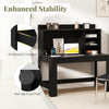 Modern black computer desk with hutch, featuring storage shelves, reinforced crossbar, and non-slip foot pads for.