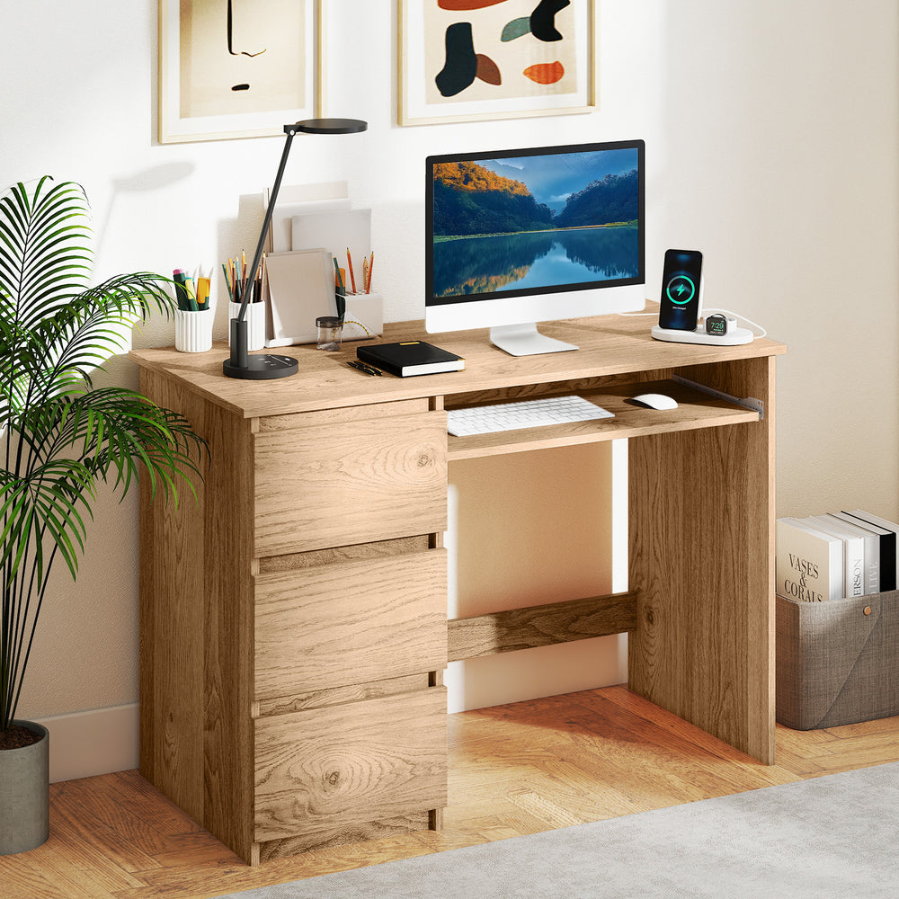 Computer Desk with Power Outlet Keyboard Tray and 3 Large Drawers-Natural - Gallery View 1 of 10