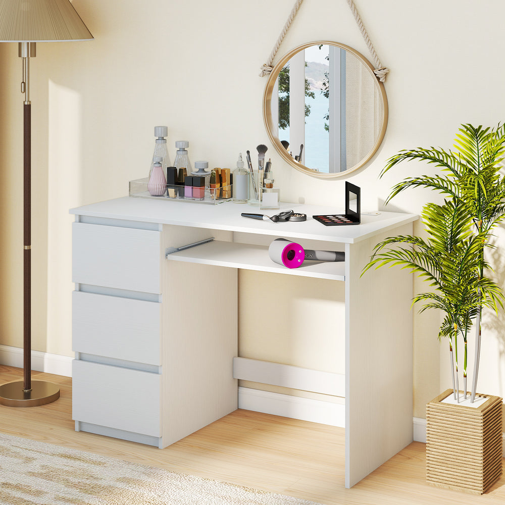 Computer desk in white featuring a keyboard tray, three large drawers, and built-in power outlet for home office use.