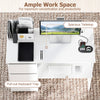 Computer desk with spacious tabletop, pull-out keyboard tray, and built-in power outlet for home office organization.