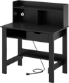 Computer desk in black with power outlets, USB ports, and a top hutch for organized workspace in home or office.