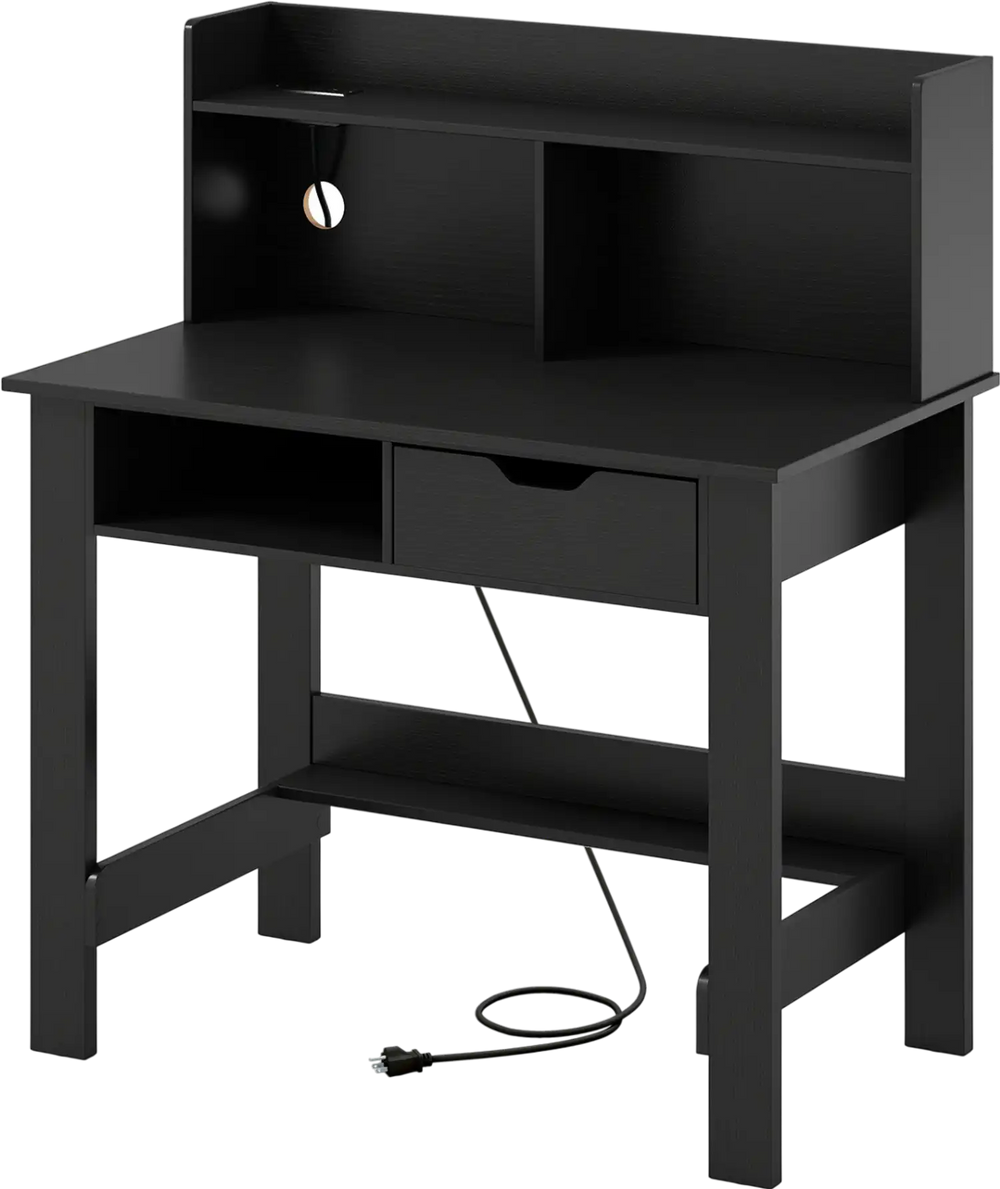 Computer desk in black with power outlets, USB ports, and a top hutch for organized workspace in home or office.