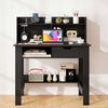 Black computer desk featuring power outlets, USB ports, and a spacious hutch for organized workspace in any room.