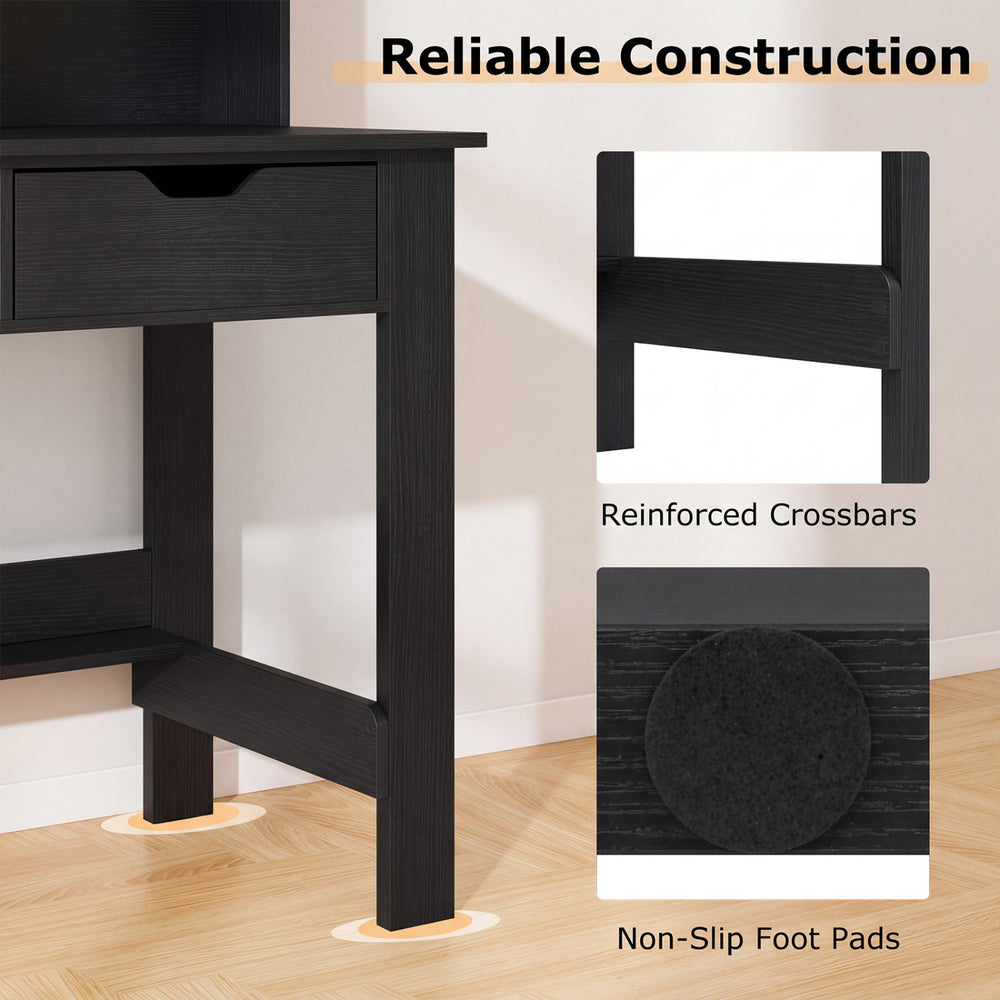 Close-up of the computer desk's reinforced crossbars and non-slip foot pads for enhanced stability and protection.