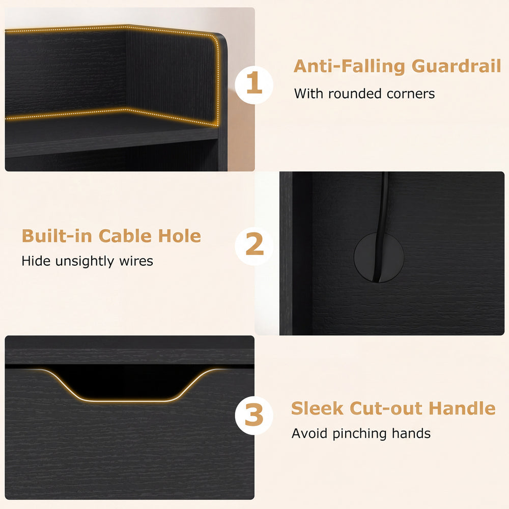 Computer desk in black featuring a built-in cable hole, anti-falling guardrail, and sleek cut-out handle for easy access.