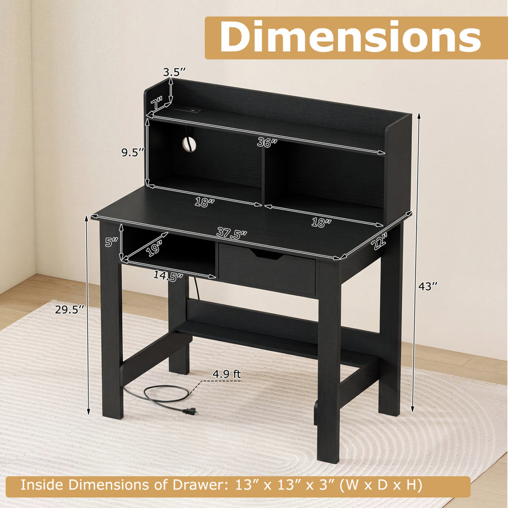 Dimensions of the black computer desk featuring a hutch, power outlets, USB ports, and a slide-out drawer for storage.