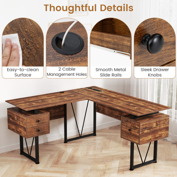 Costway L-Shaped Computer Desk with Storage Drawers and Power Outlets New