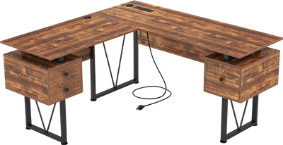 Costway L-Shaped Computer Desk with Storage Drawers and Power Outlets New