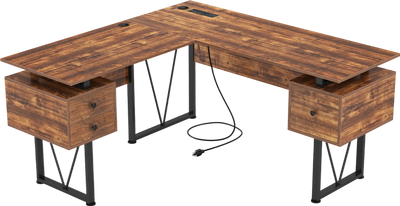 Costway L-Shaped Computer Desk with Storage Drawers and Power Outlets New