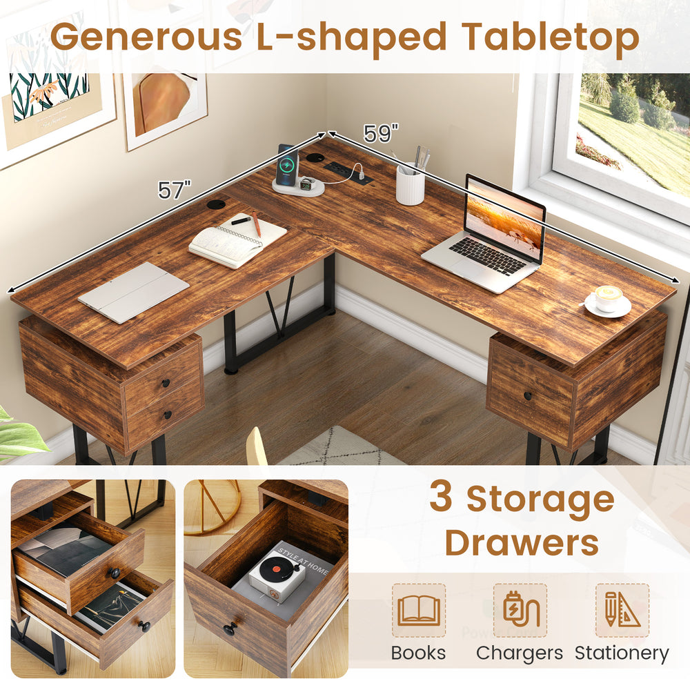 Costway L-Shaped Computer Desk with Storage Drawers and Power Outlets New