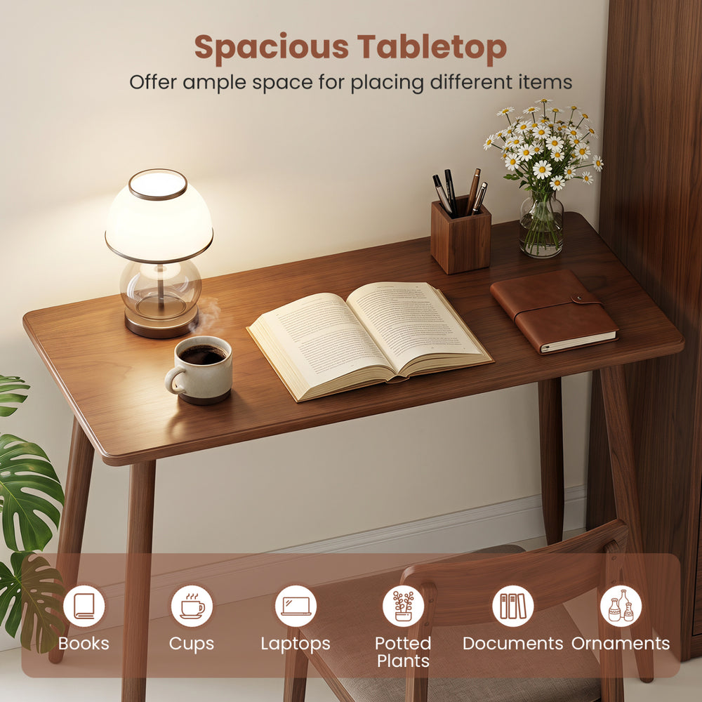Computer desk with spacious walnut tabletop, rubber wood legs, ideal for studying, gaming, or displaying ornaments.