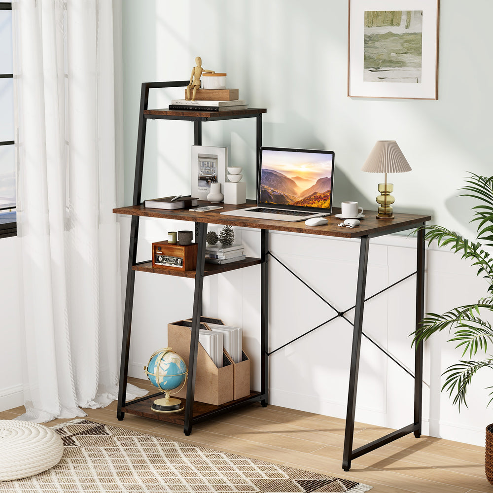Computer Desk with Shelves and 3-Tier Storage Bookshelf-Brown - Gallery View 1 of 10