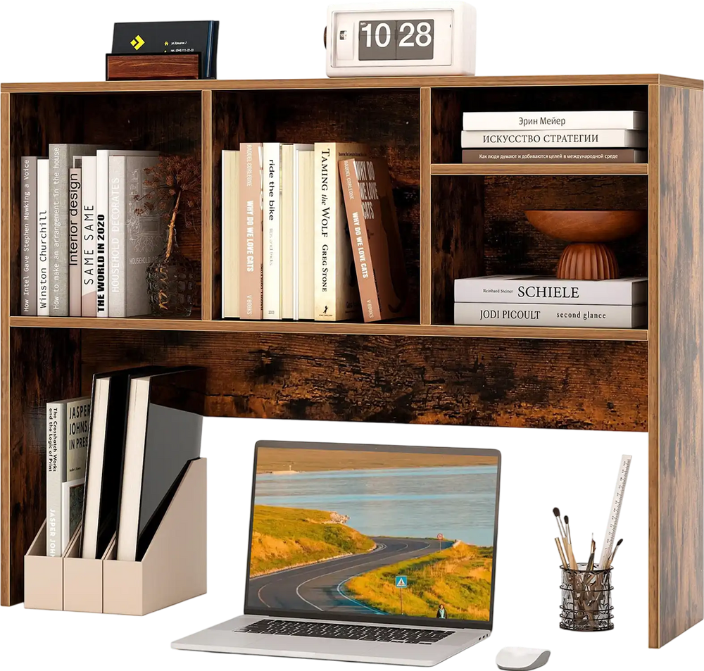 Computer desktop bookcase in coffee finish with 4 cubbies, open back compartment, and anti-tipping device for stability.