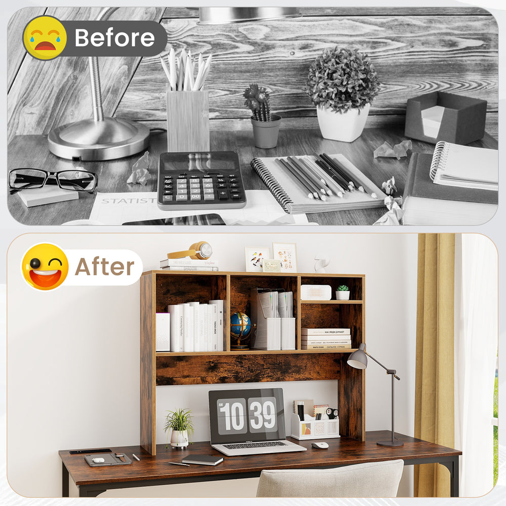 Computer desktop bookcase in coffee finish with an open back compartment, ideal for organizing workspace essentials.