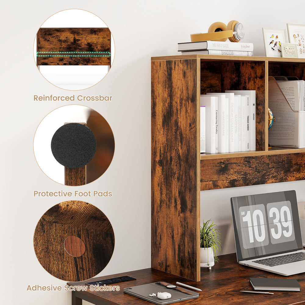 Computer desktop bookcase in coffee finish showcasing reinforced crossbar, protective foot pads, and storage cubbies.