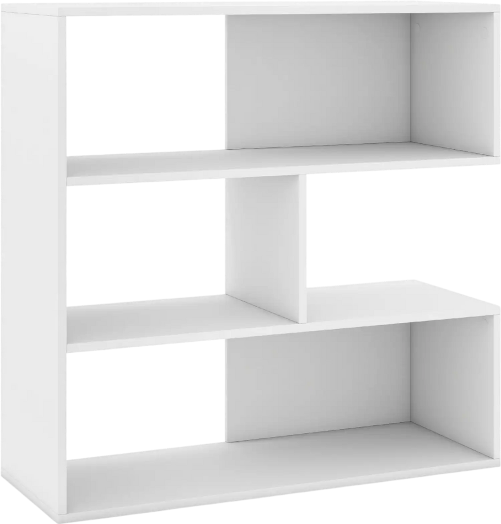 Concave bookshelf in white features 3 open shelves and anti-toppling devices, ideal for living room or office storage.