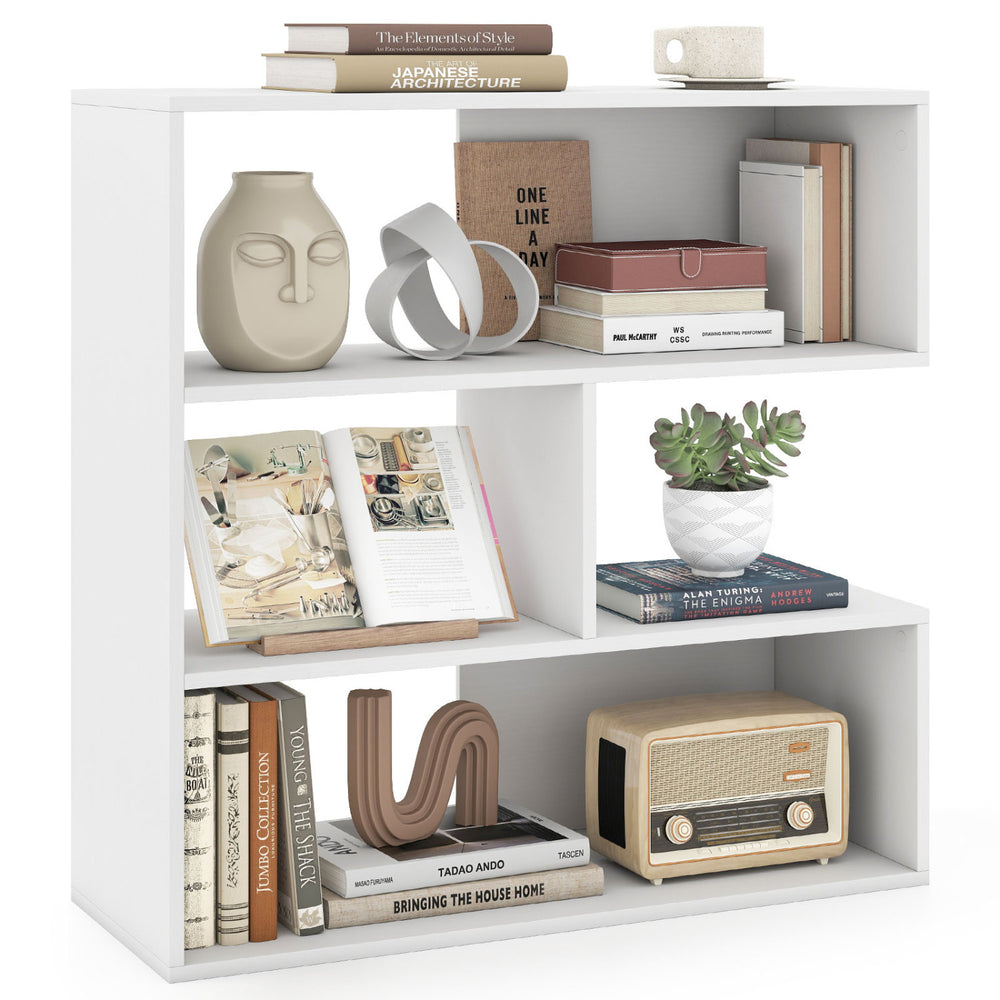 Concave white bookshelf with 3 open shelves, geometric design, and anti-toppling device for versatile home storage.