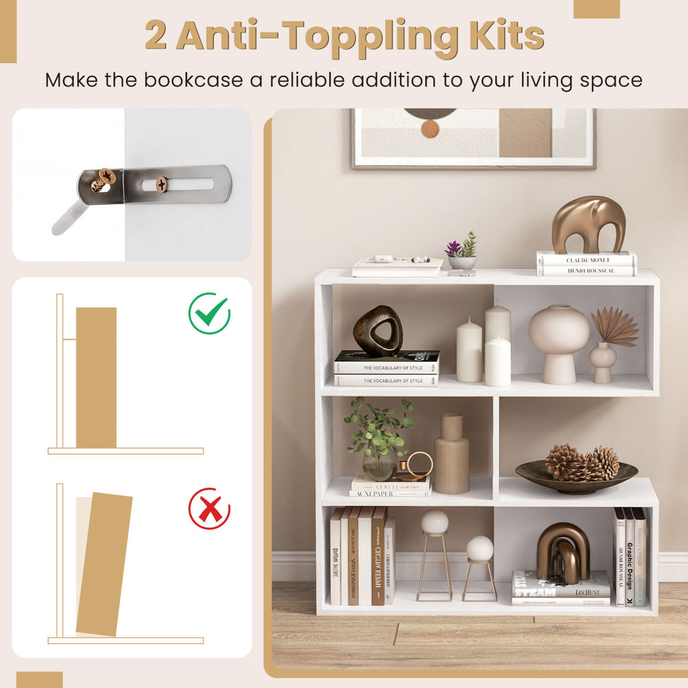 Concave bookshelf in white with 3 open shelves and anti-toppling devices for enhanced stability in any living space.
