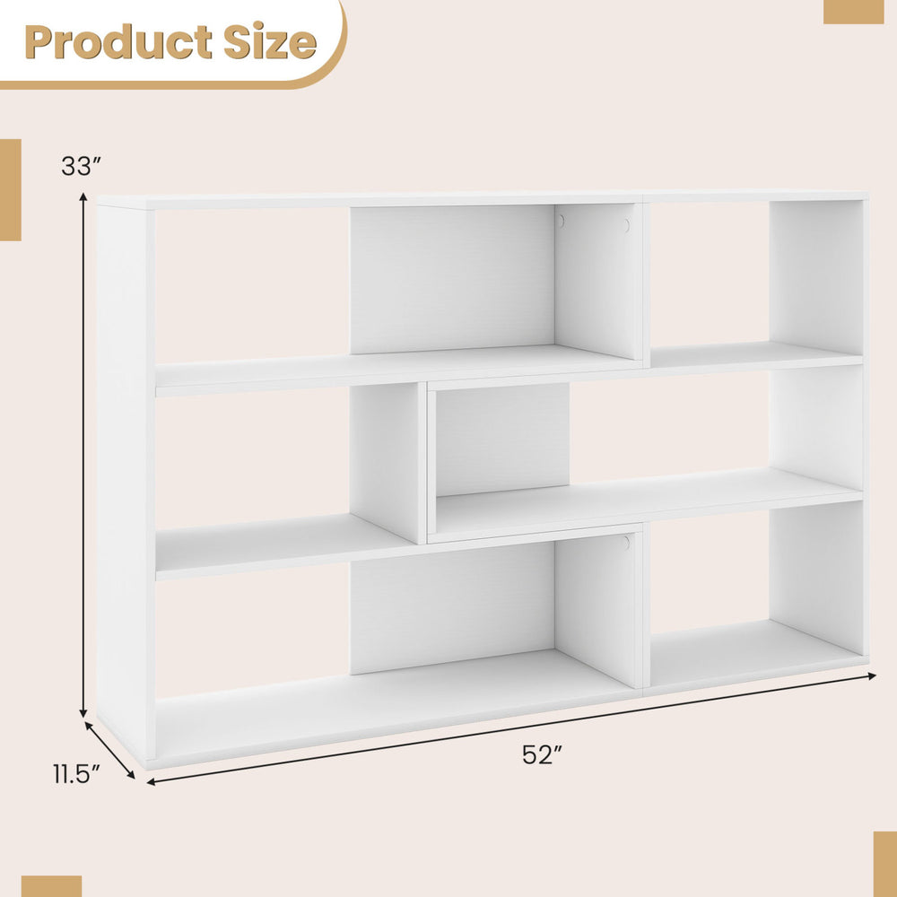 Concave and convex white bookshelf with three open shelves, ideal for living room storage and display.
