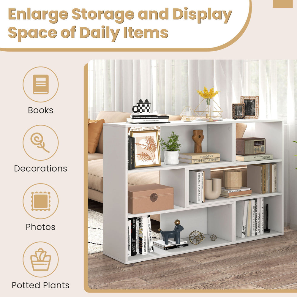 Concave and convex white bookshelf with three open shelves for displaying books and decorations in any living space.