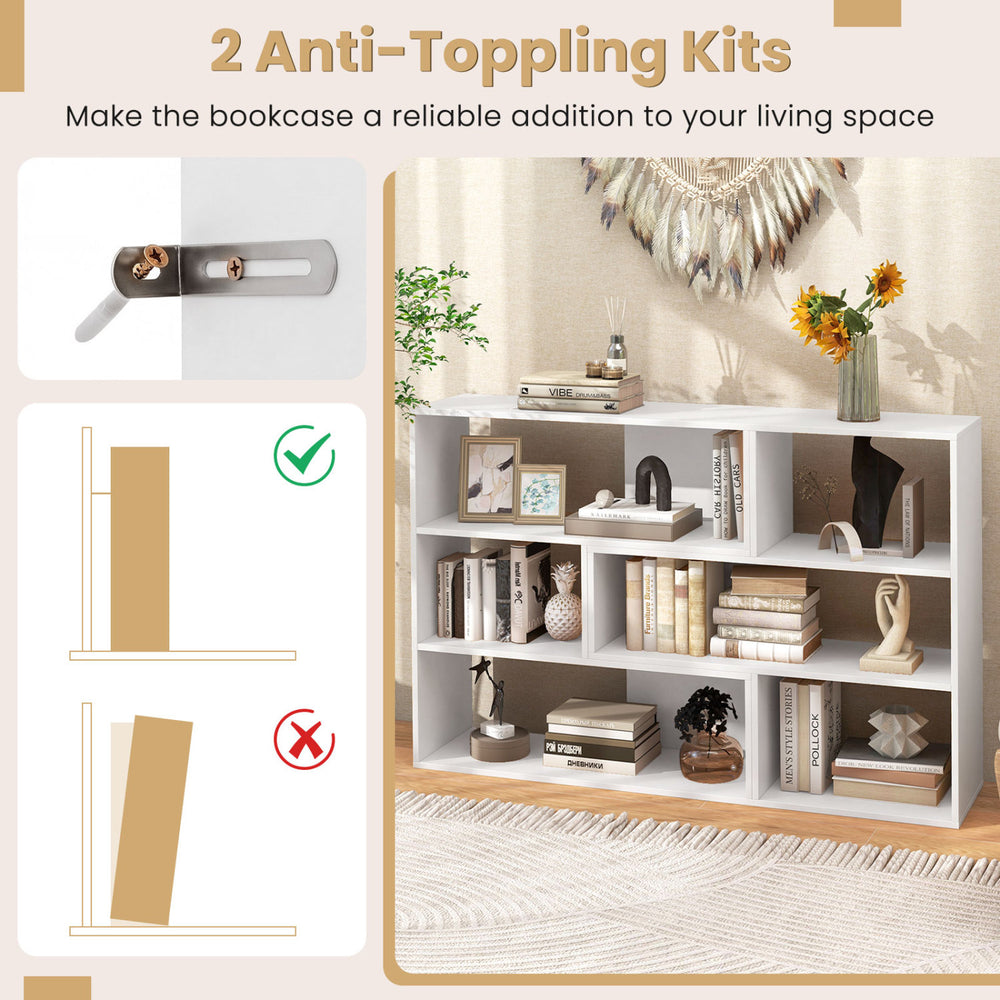 Concave and convex bookshelf set in white featuring three open shelves and an anti-toppling device for added stability.
