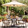 Concrete patio umbrella base with faux rattan pattern, designed for 8-9 ft umbrellas, ensuring stability and style.