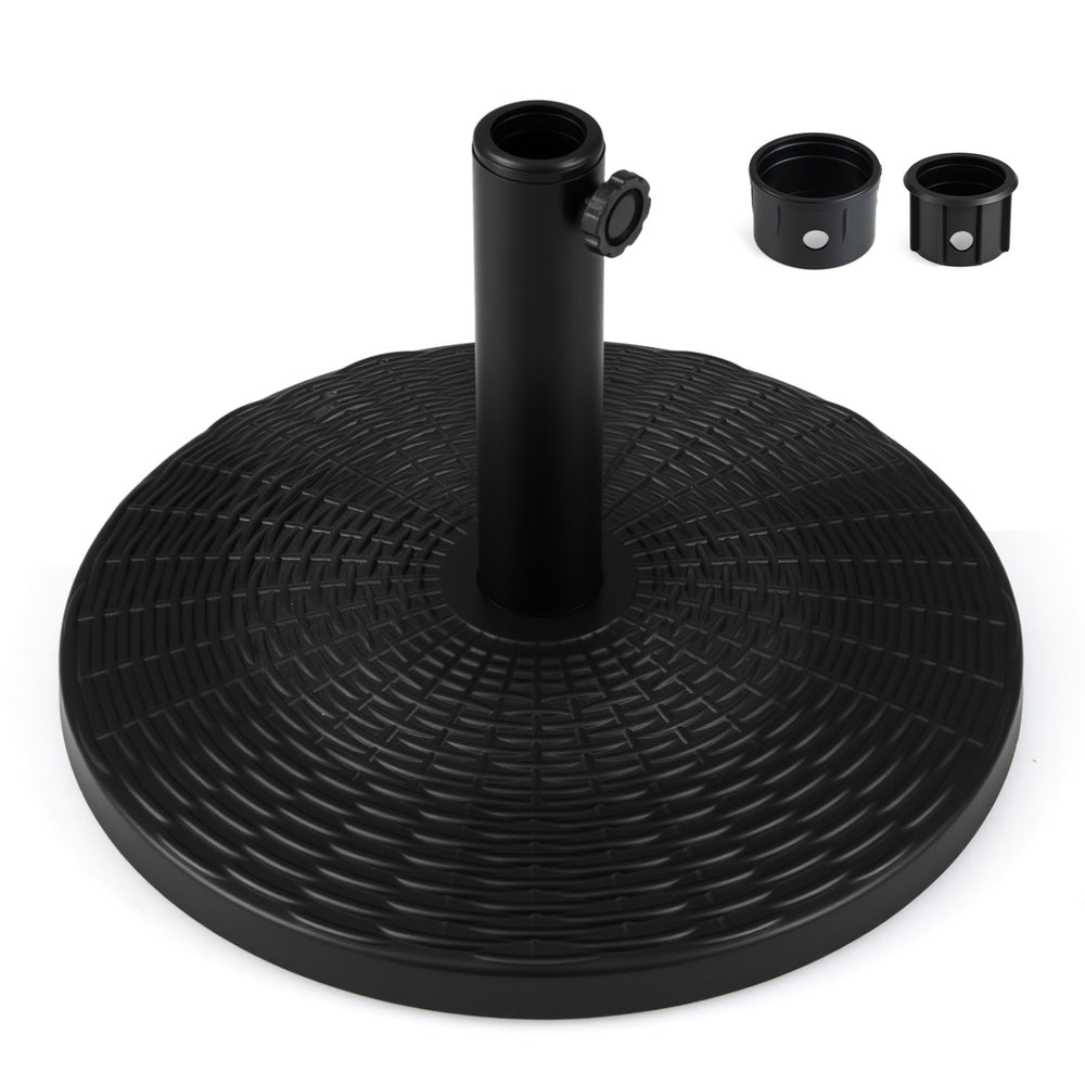 Concrete patio umbrella base with rattan pattern, 21 lbs weight, adjustable knob for 1.5-1.9" umbrella poles.