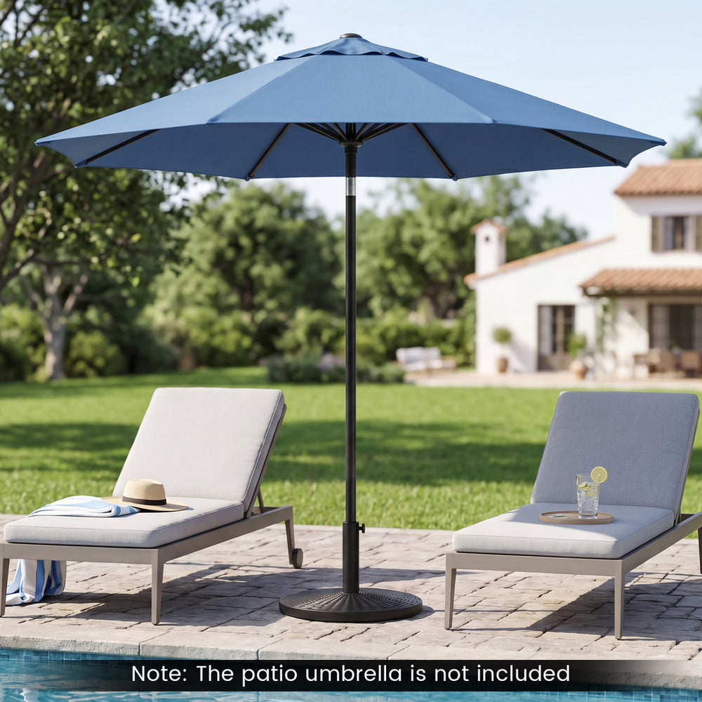 Concrete patio umbrella base with faux rattan texture, designed for 8-9 ft umbrellas, providing stability and style.