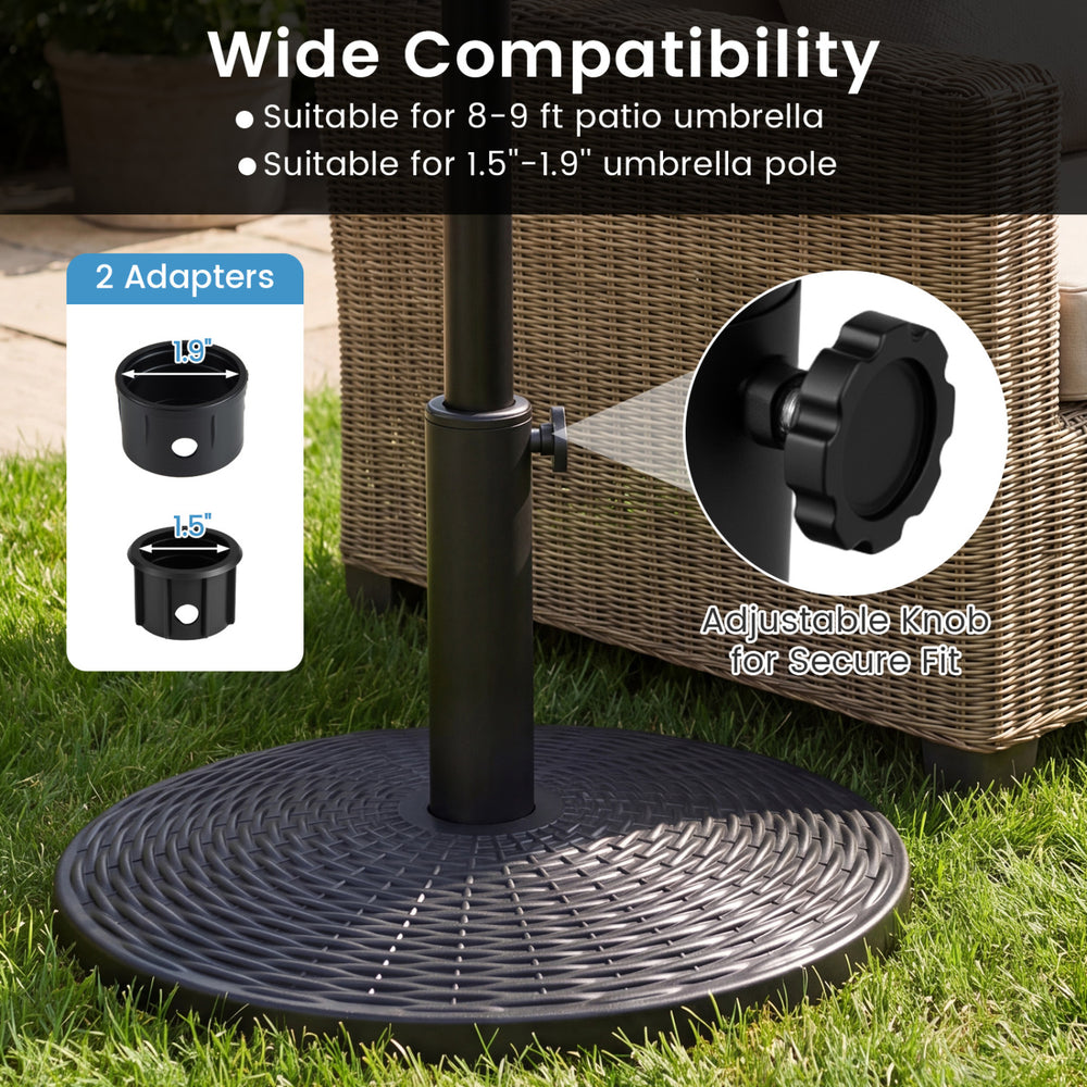 Concrete patio umbrella base with rattan pattern, adjustable knob, and two adapters for 8-9 ft umbrellas.