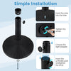 Concrete patio umbrella base with rattan pattern, featuring adjustable knob and stabilizer for 8-9 ft umbrellas.