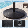 Concrete patio umbrella base with faux rattan texture and built-in stabilizer for 8-9 ft umbrellas, ideal for outdoor.