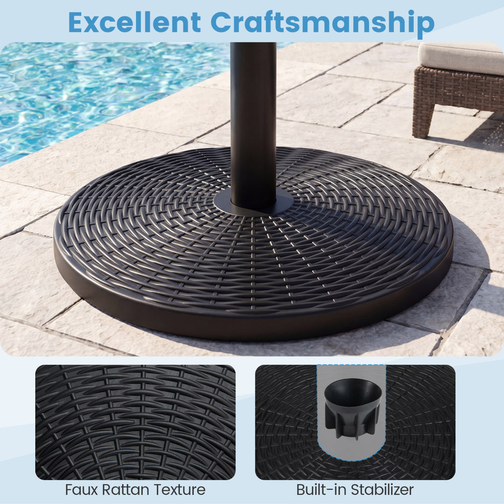 Concrete patio umbrella base with faux rattan texture and built-in stabilizer for 8-9 ft umbrellas, ideal for outdoor.