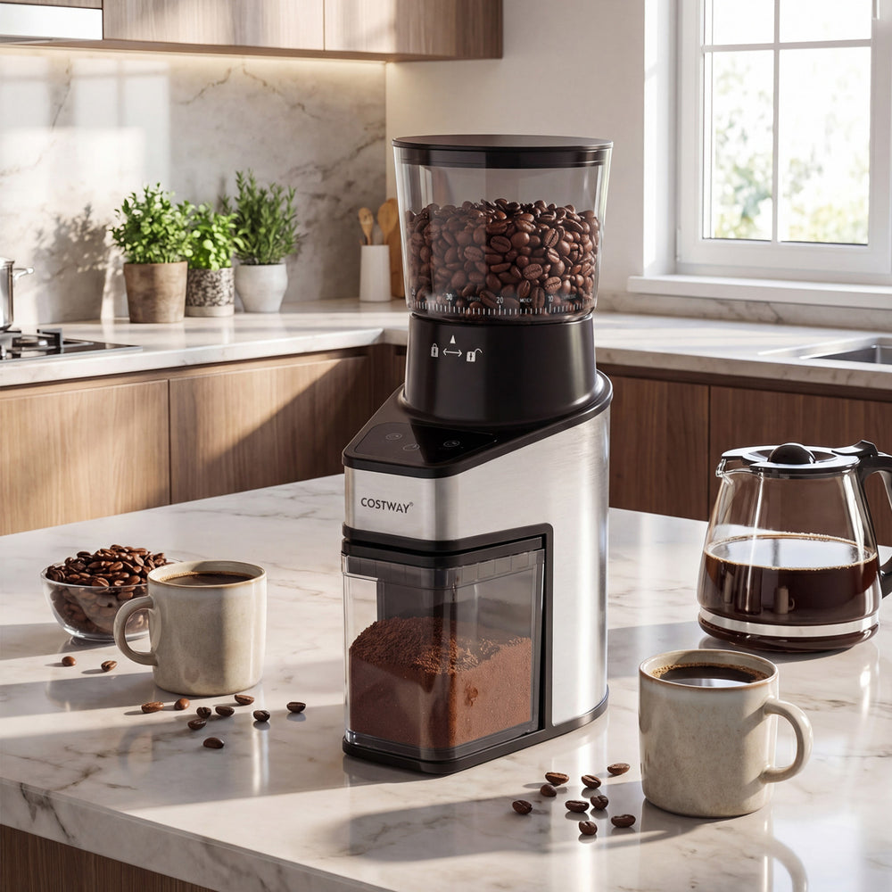 Conical burr coffee grinder in silver, featuring a large bean container, perfect for freshly ground coffee at home.