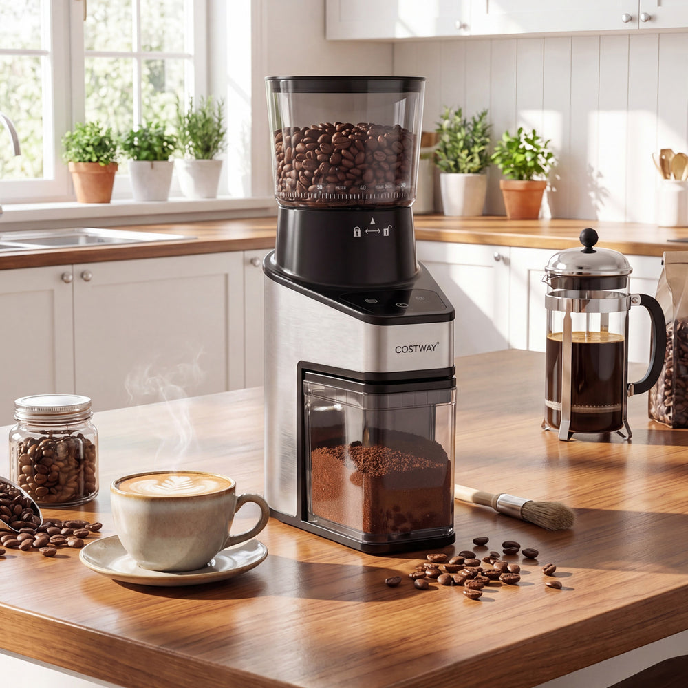 Conical burr coffee grinder in silver with digital display and coffee beans, perfect for precise grinding at home.