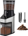 Conical burr coffee grinder in silver with digital display and 60 grinding settings for precise coffee preparation.