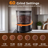 Conical burr coffee grinder in silver with 60 grind settings for versatile coffee preparation and digital display.