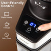 Conical burr coffee grinder control panel showing digital display, timer, and cup settings for 1-8 cups.