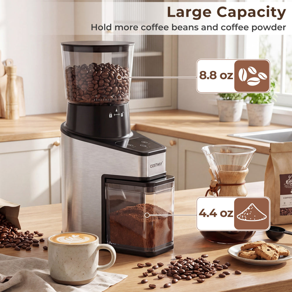 Conical burr coffee grinder in silver with large capacity for 8.8 oz of beans and 4.4 oz of ground coffee.
