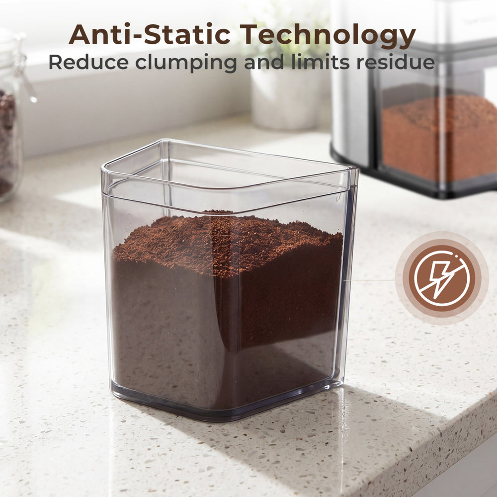Conical burr coffee grinder showcasing anti-static technology, reducing clumping for precise grinding settings.