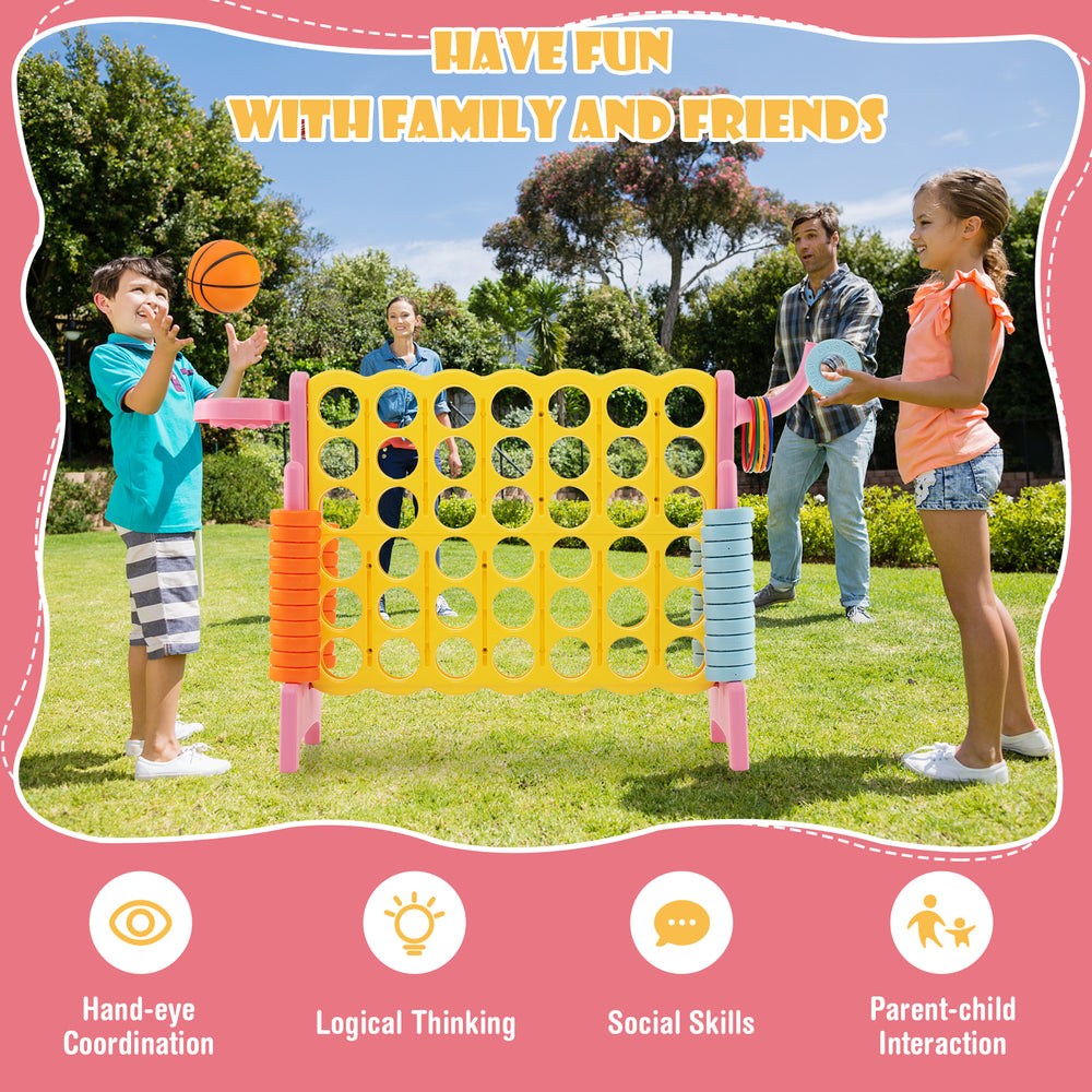4-in-a-Row Connect Game in pink with basketball hoop, ideal for family gatherings and outdoor fun.