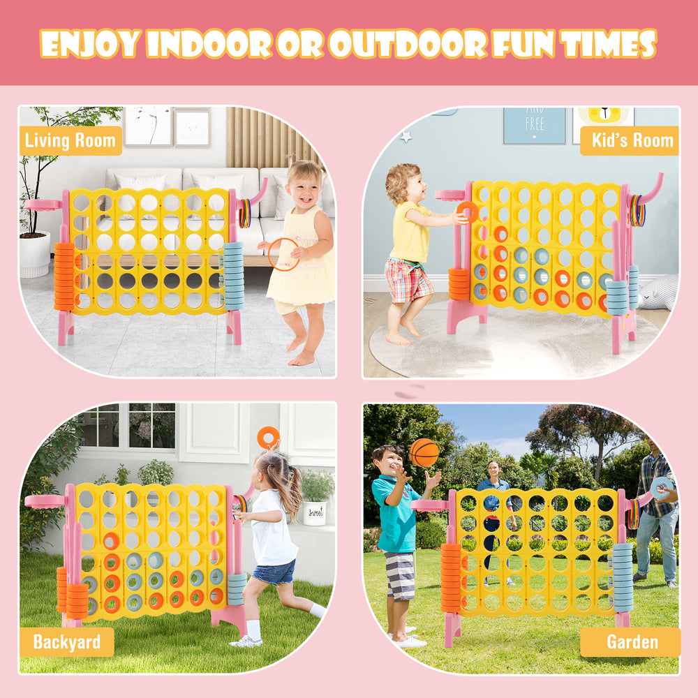 4-in-a-Row Connect Game in pink with basketball hoop, perfect for indoor or outdoor family fun and gatherings.