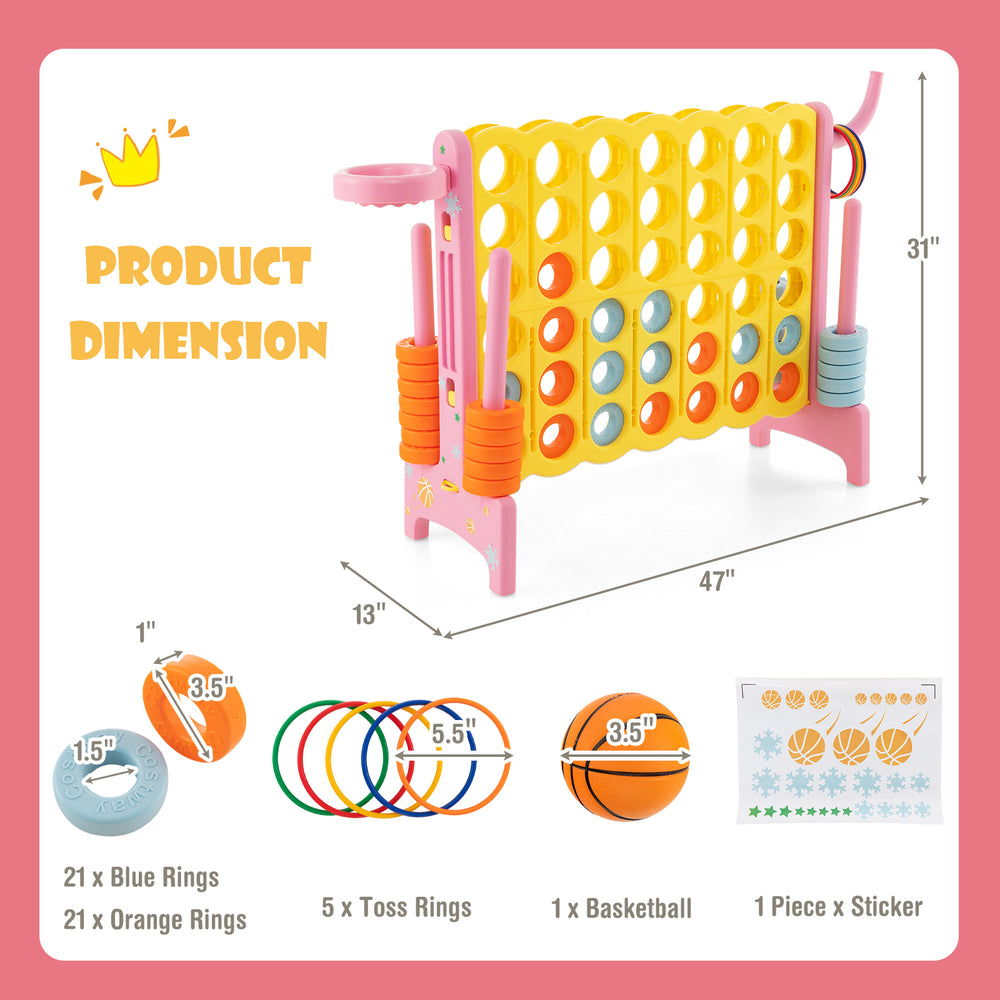 4-in-a-Row Connect Game in pink with basketball hoop, toss rings, and durable BPA-free materials for indoor and outdoor.