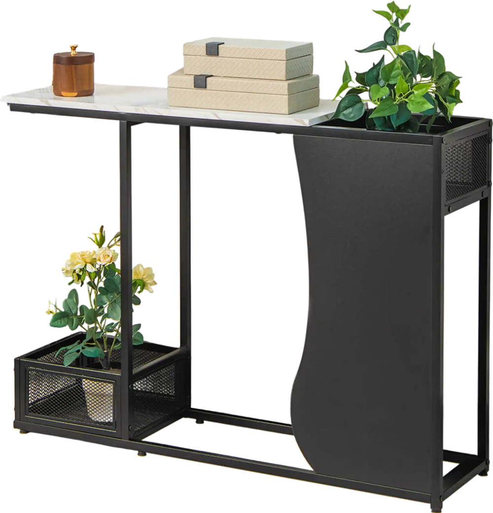 43.5-inch console table with faux marble top and plant positions, perfect for displaying decor in any indoor setting.