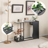 Console table with faux marble top, black metal frame, featuring two plant positions for decorative displays.