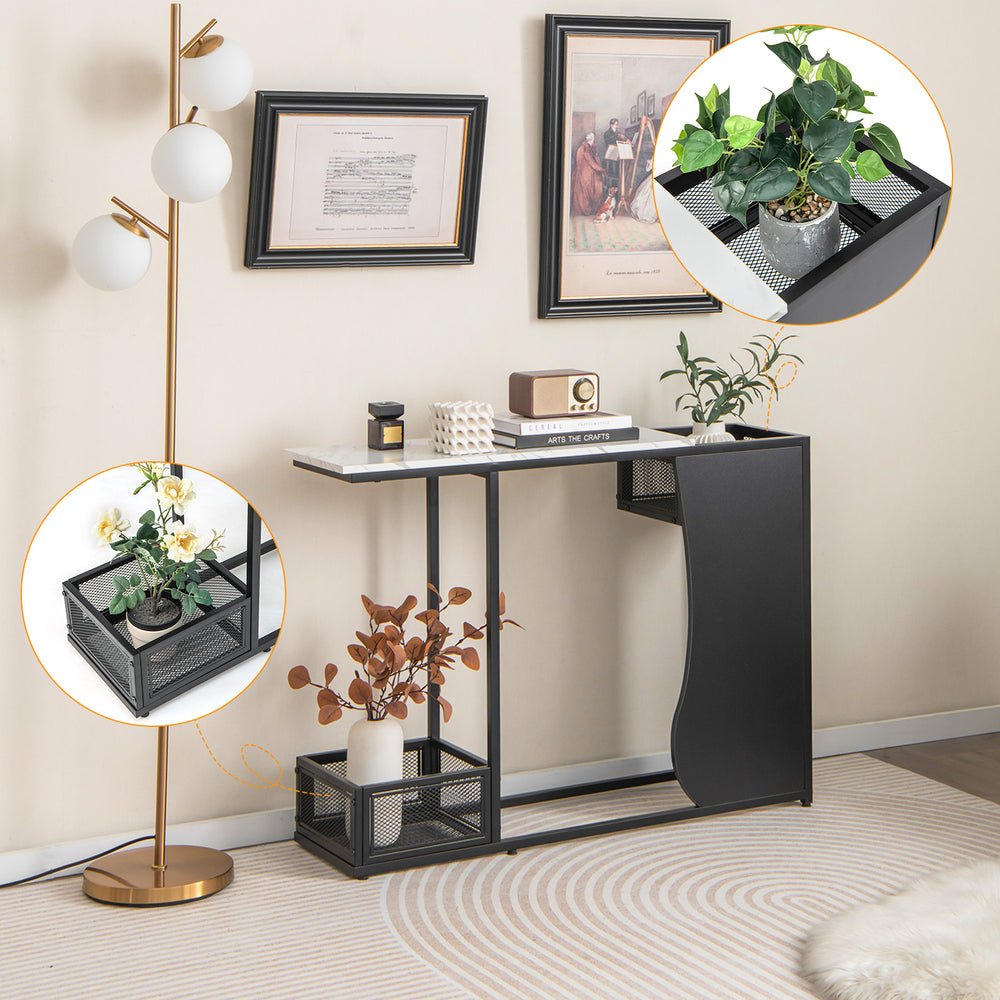 Console table with faux marble top, black metal frame, featuring two plant positions for decorative displays.