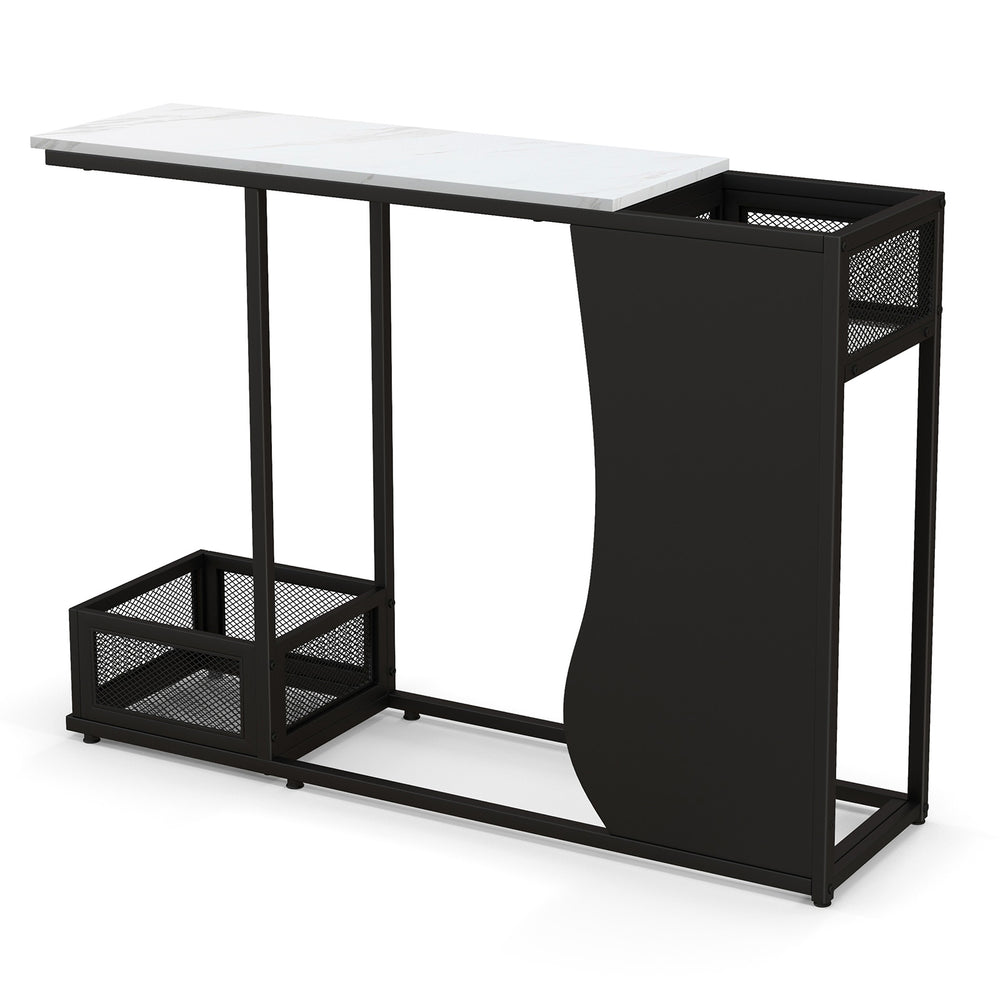 Console table with faux marble top and black metal frame, featuring two plant positions for decorative display.